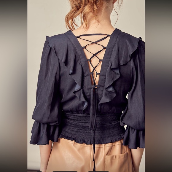 Black V-Neck Ruffle Smocked Top with Corset Detailed Back🌟🎀 Mustard Seed - Picture 2 of 2